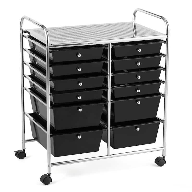 12-Drawers Rolling Storage Cart with Organizer Top - See Details - Black