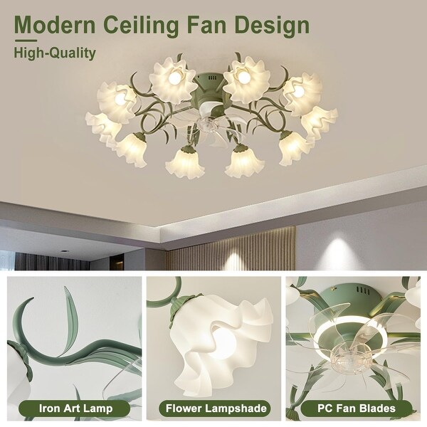 Flower Chandelier Fan with Light and Remote, Modern Flush