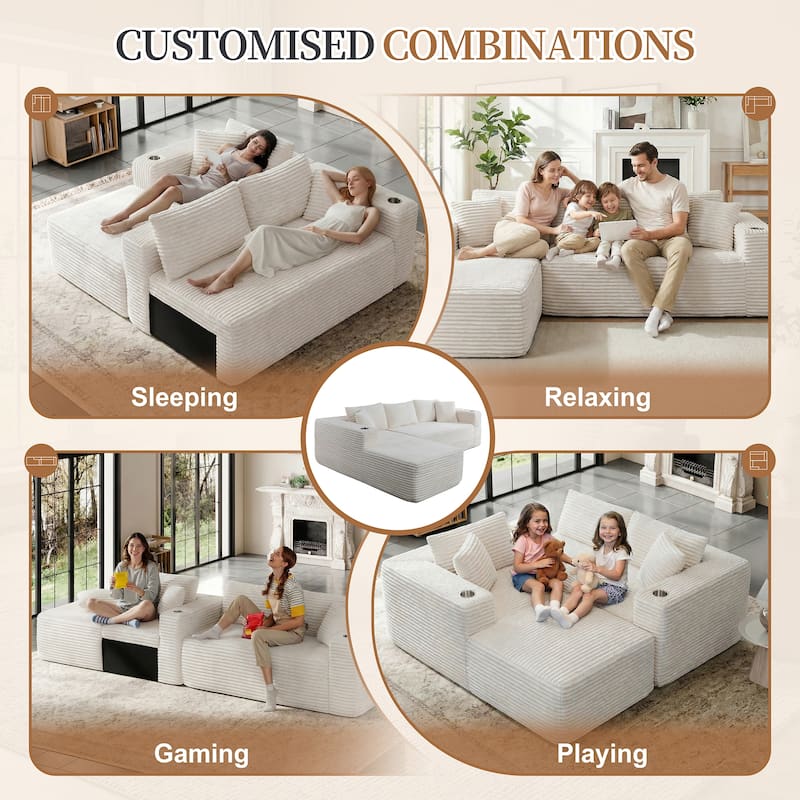 102'' No-Assembly Modular Corduroy Sofa with Cup Holder, Free Combination