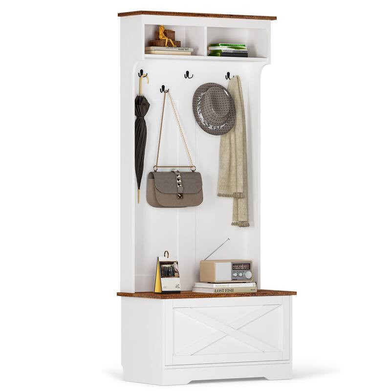 Modern Minimalist Coat Rack Wardrobe with 5 Hooks, Bench and Storage Function, for Hallway