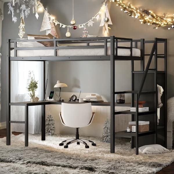 slide 2 of 11, Twin XL Loft Bed with L-Shaped Desk, USB Charging Station, Wardrobe with Adjustable Shelf, and LED Light, Black Metal Loft Bed Black