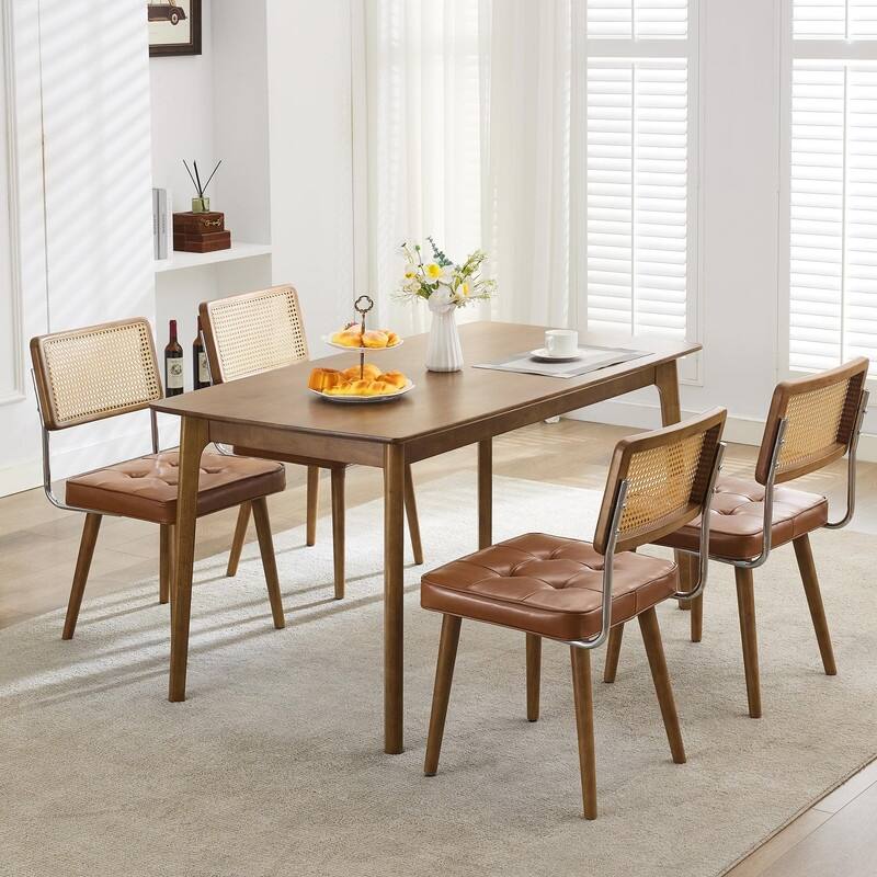 Mid-Century Modern Upholstered Dining Chair with Checkered Hollow Rattan Backrest and Padded Cushion