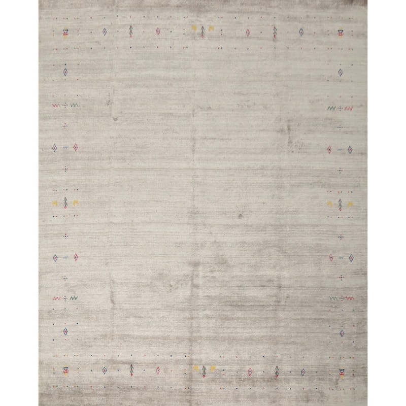 Hand Knotted Oriental Viscose Silk Carpet Tribal Animal Pictorial Beige & Ivories Gabbeh Area Rug - 8' 9'' X 8' 9''