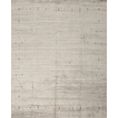Hand Knotted Oriental Viscose Silk Carpet Tribal Animal Pictorial Beige & Ivories Gabbeh Area Rug - 8' 9'' X 8' 9''