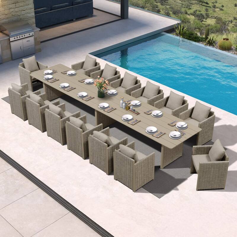 PURPLE LEAF Sanori Patio Dining Set Modern Large Weather-Resistant Table and Aluminum Chairs Beige for Garden Backyard Kitchen - 15-Piece Rectangle