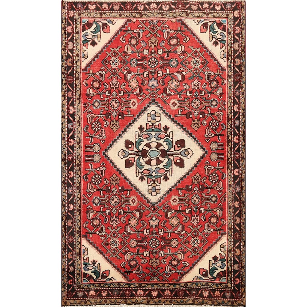 Vintage Geometric Hamedan Persian Area Rug Hand-knotted Wool Carpet - 3'9" x 5'4"