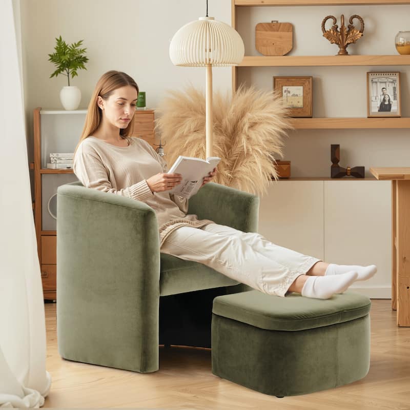 RENEWLINE Sherpa Barrel Chair & Storage Ottoman Set - Plush Compact Accent for Reading Nooks, Cloud-Like Lounge Seat