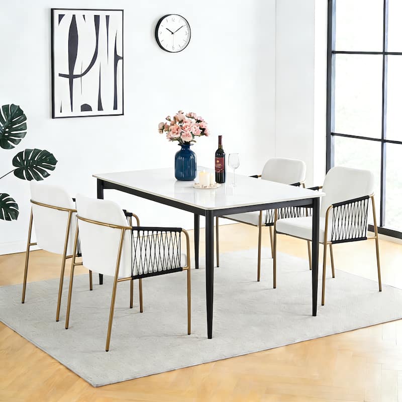 Christopher Knight Home - Modern Upholstered Metal Base Dining Chairs with Woven Armrests - Beige,Black+Gold - Set of 4