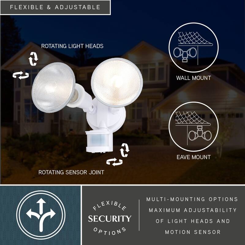 Motion Sensor Dusk to Dawn Outdoor Security Flood Light - 2 Adjustable Light Heads - 4 Modes