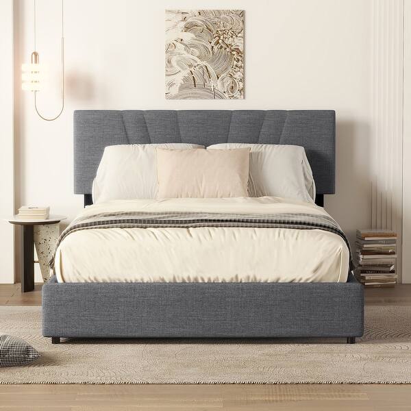 slide 2 of 9, Gray Full Size Upholstered Platform Bed with Lifting Storage and Tufted Headboard Grey - Full