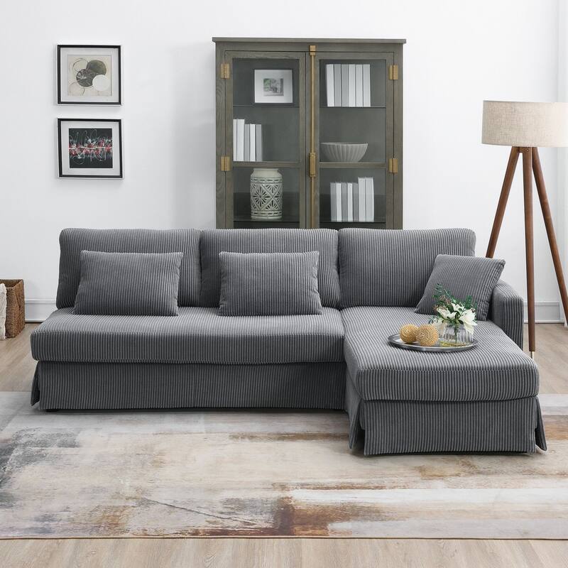 Oaks Aura Modern L-shaped Corduroy Sofa with Reversible Chaise, Upholstered Sectional Convertible Sleeper Couch with Pillows