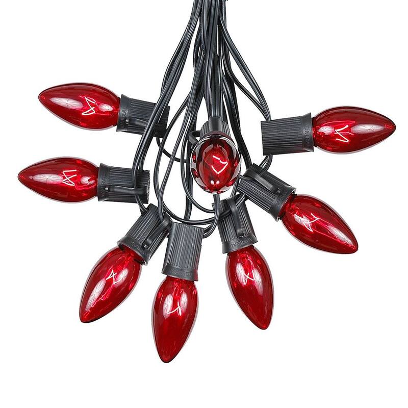 25 Foot C9 Christmas Light Set, Hanging Patio String Lights, Black Wire - Red
