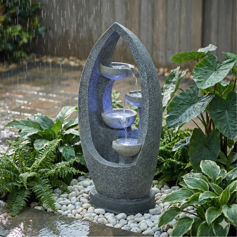 4 Tier Flowing Water Indoor/Outdoor Fountain Modern Hollow Oval and Blue Lighting Healing Decor