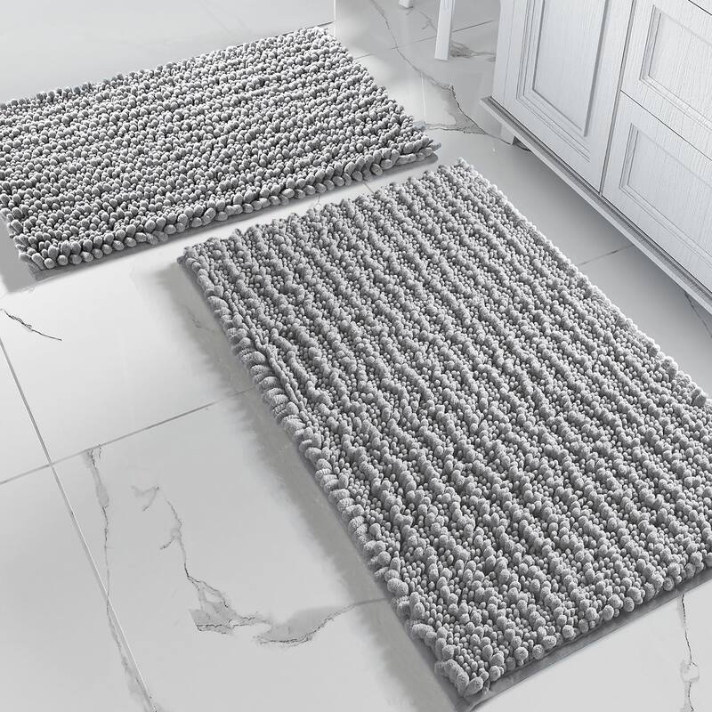 2 Piece Set Light Grey Soft Cozy Plush Chenille Bath Mat Bathroom Rug - 24" x 16"/32" x 20" - Light Grey