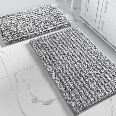 2 Piece Set Light Grey Soft Cozy Plush Chenille Bath Mat Bathroom Rug