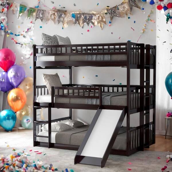 slide 2 of 16, Full-Over-Full-Over-Full Triple Bunk Bed with Convertible Ladder and Slide - Solid Pine,Espresso Espresso