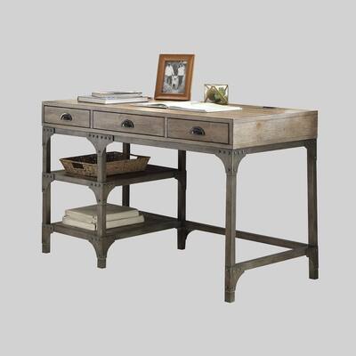 Contemporary Writing Desk with 3 Drawers, Metal Legs, and Open Shelves for Storage