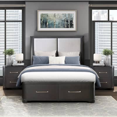 Charcoal Finish 3pc Bedroom Set Storage Bed and Two Nightstands