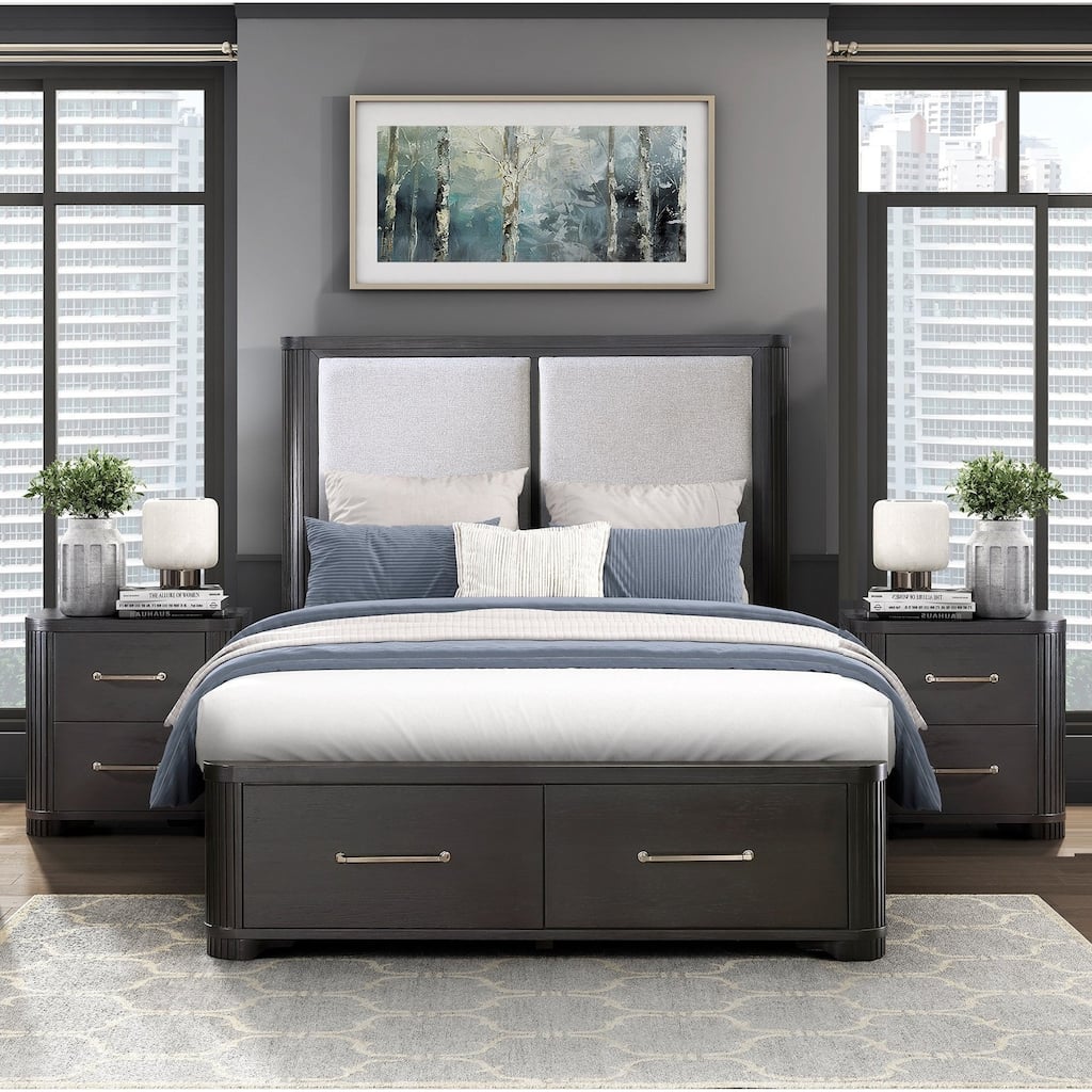 Charcoal Finish 3pc Bedroom Set Storage Bed and Two Nightstands