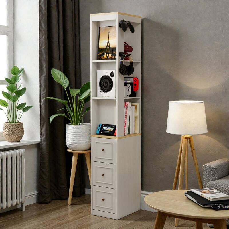 73'' Tall Slim Storage Cabinet with 3 Drawers, Hooks & 3-Tier Shelves, Media Tower for Books, CDs, DVDs, Games & Consoles - Antique White