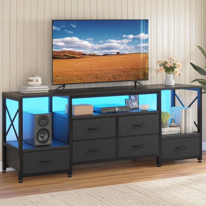 TV Stand with LED Lights Power Outlets Dresser Fabric Drawers Entertainment Center - 	‎63" - 6 PU Drawers