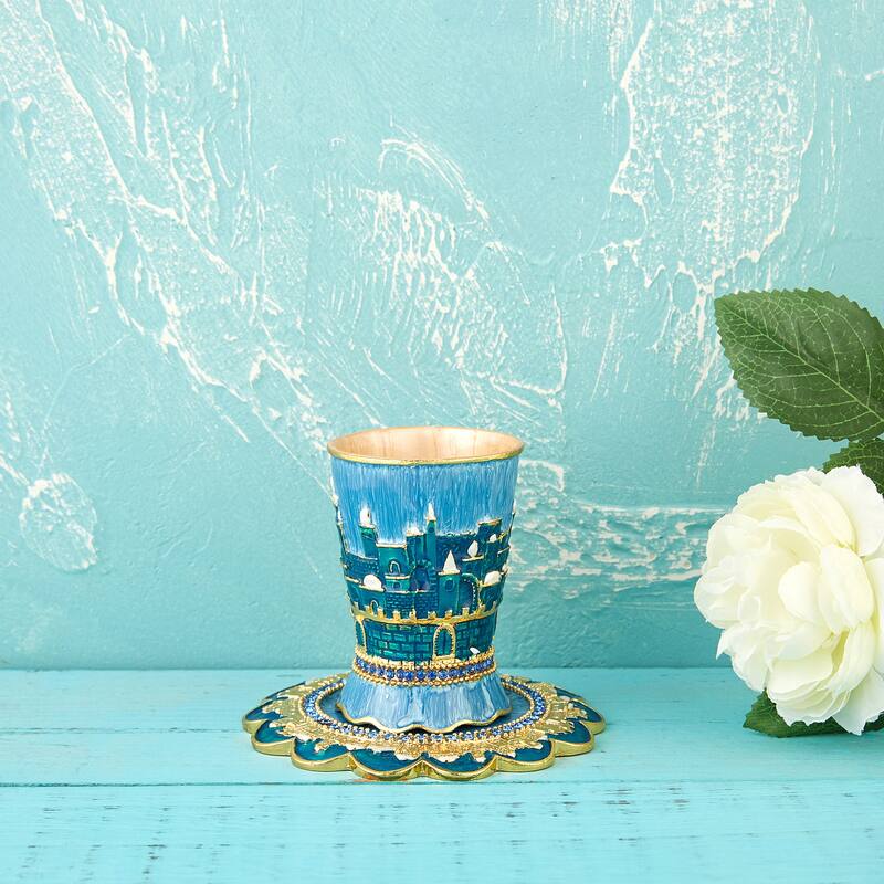 Matashi Hand-Painted Enamel 3.3'' Tall Kiddush Cup Set w/ Tray Embellished w/ High Quality Crystals & Jerusalem Cityscape Design