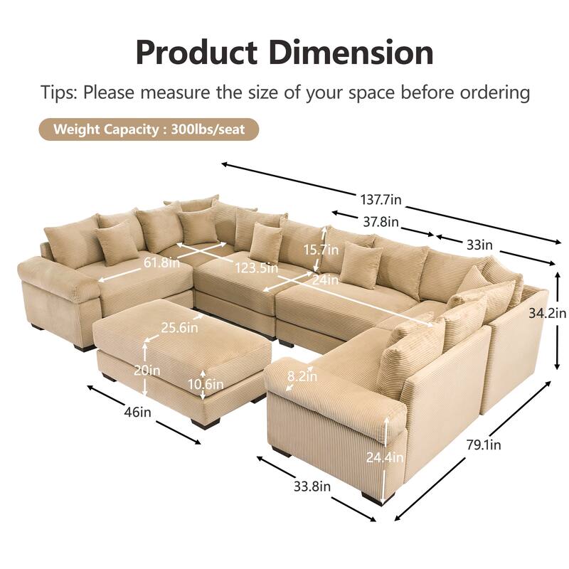 GDFStudio - Corduroy U-Shaped 6-Seater 137.7" Cloud Modular Sectional Couch with Ottoman