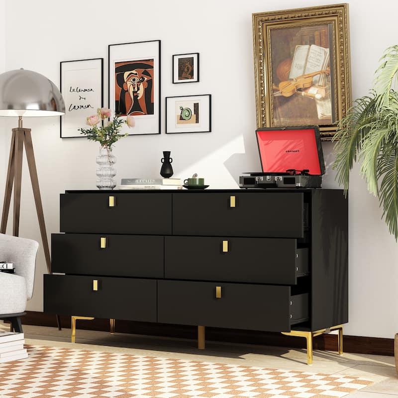 55.1"W 6-Drawer Double Dresser Black Gold Storage Cabinet Chest