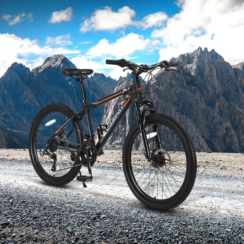 Black Steel Frame 24 inches Wheel Teen Mountain Bike with 21-Speed Gears - 66 L x 24.8 W x 35.8 H inches