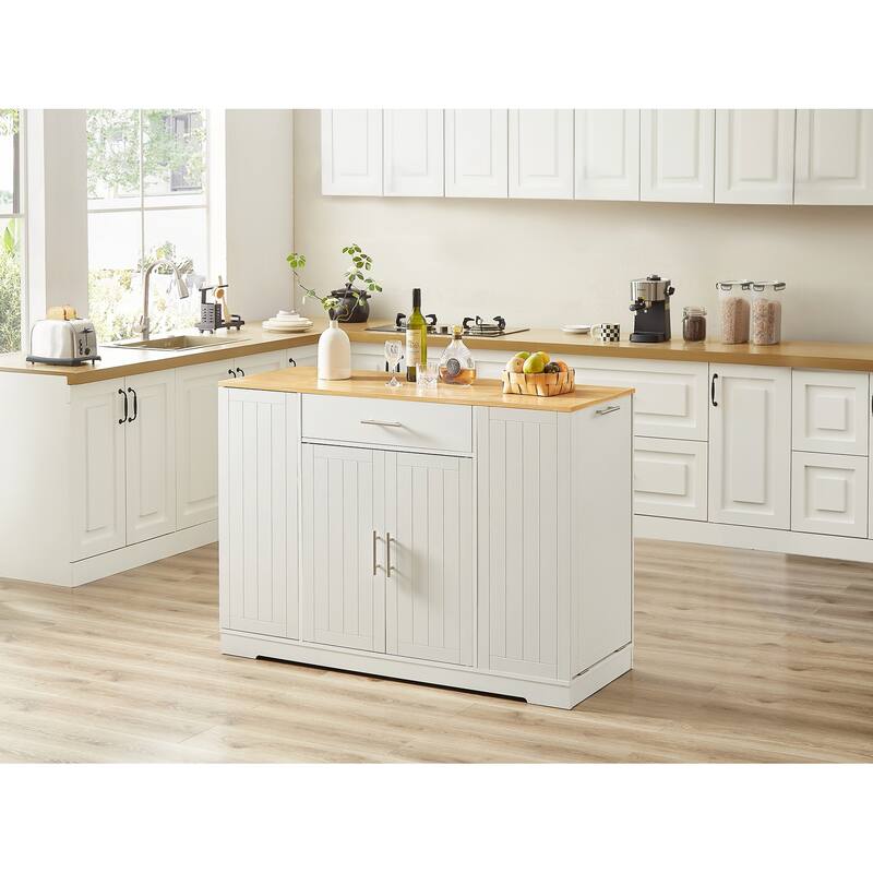 53inch Kitchen Storage Islands with Drawers and Trash Can Storage - White