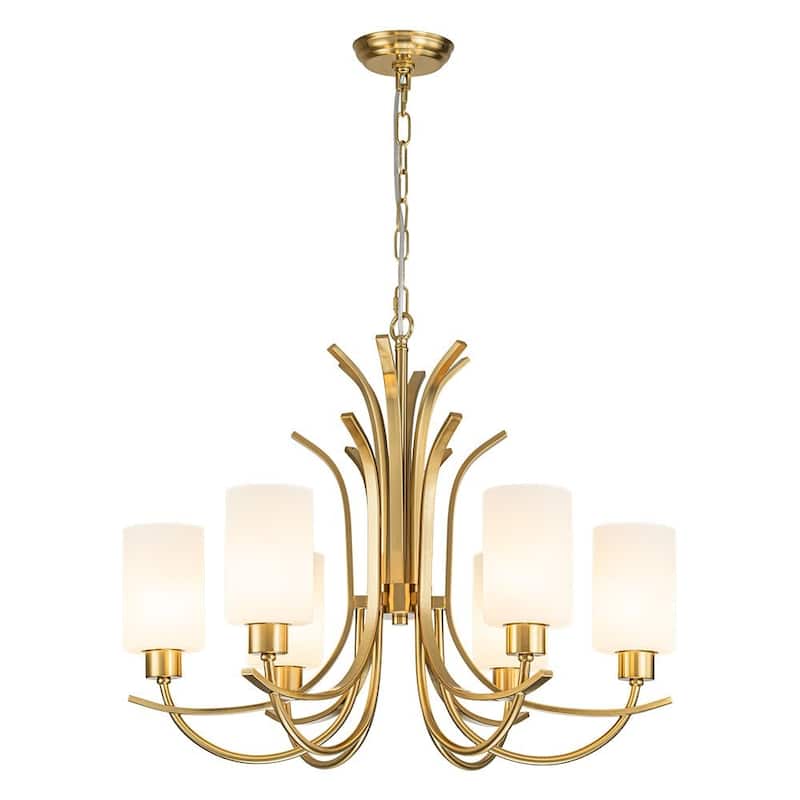 6-Light White Glass Cylindrical Shade Round Chandelier - 26in
