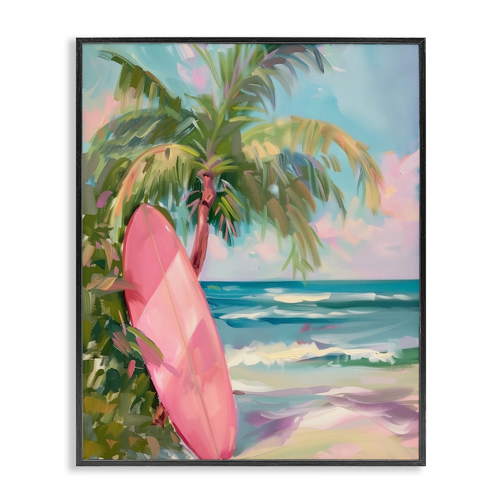 Stupell Pink Surfboard on Beach Framed Giclee Art Design By Arlington Prints