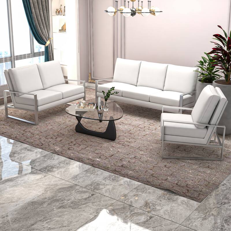 Jefferson 3-Piece Leather Upholstered Padded Seat and Backrest Sofa Set in Brushed Stainless Steel Base and Removable Cushions