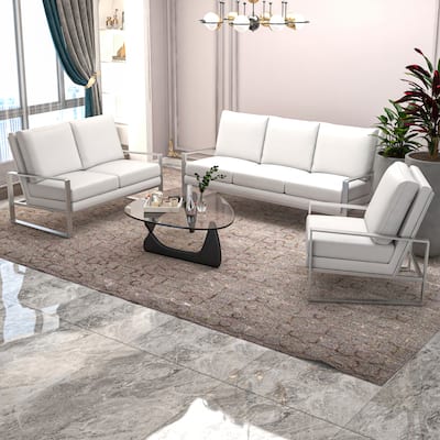 Jefferson 3-Piece Leather Upholstered Padded Seat and Backrest Sofa Set in Brushed Stainless Steel Base and Removable Cushions