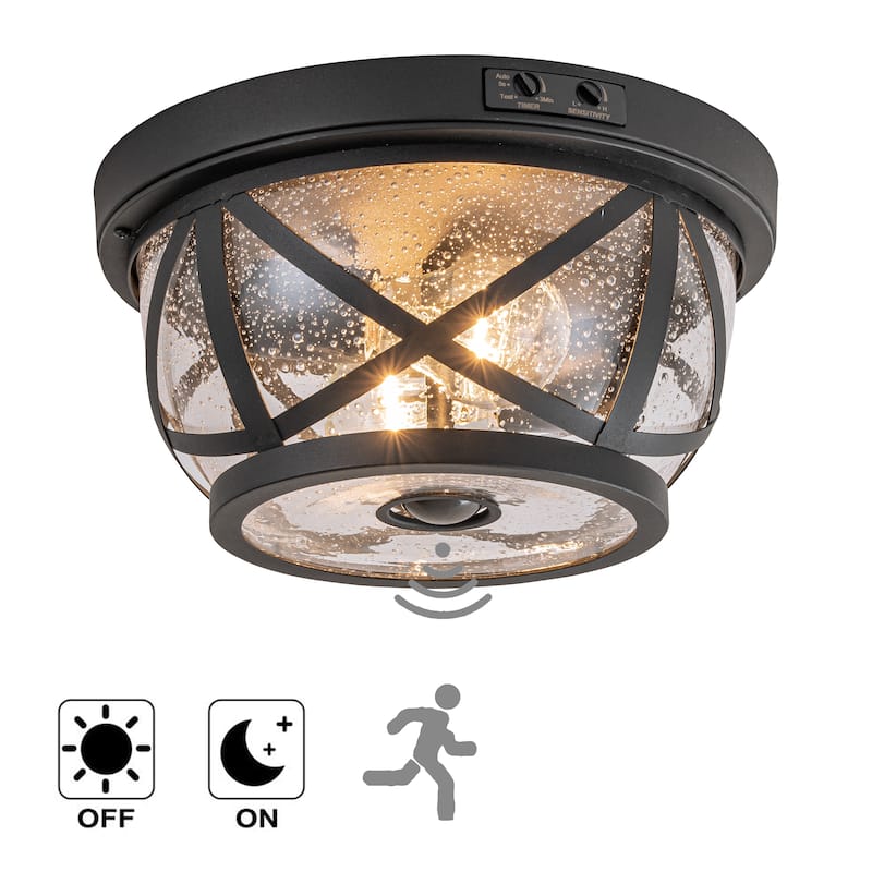 C Cattleya 2-Light Matte Black Motion Sensing Outdoor Flush Mount Light With Clear Seeded Galss
