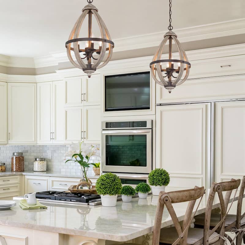 Farmhouse 4-Light Wood Lantern Chandelier Kitchen Island Pendant Light - D13" x H22"
