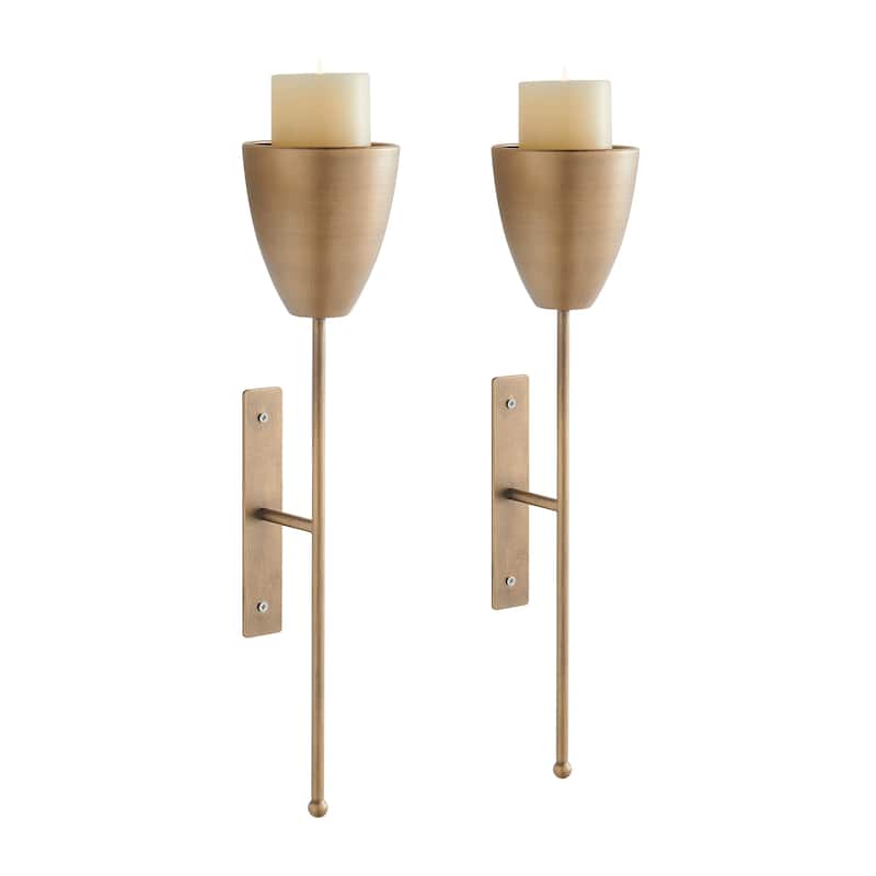 Antique Brass Mid-Century Modern Metal Wall Mount Vertical Pillar Candle Sconces Set of 2