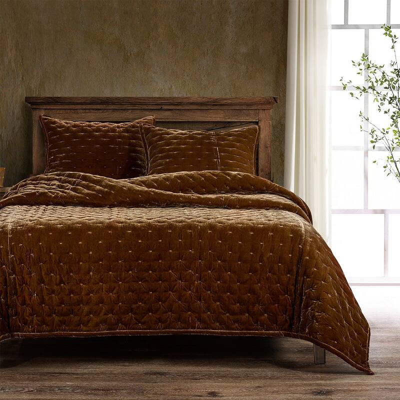 HiEnd Accents Stella Solid Color Faux Silk Velvet Romantic Modern Rustic 3 Piece Quilt Set with Pillow Shams - Copper Brown - Twin