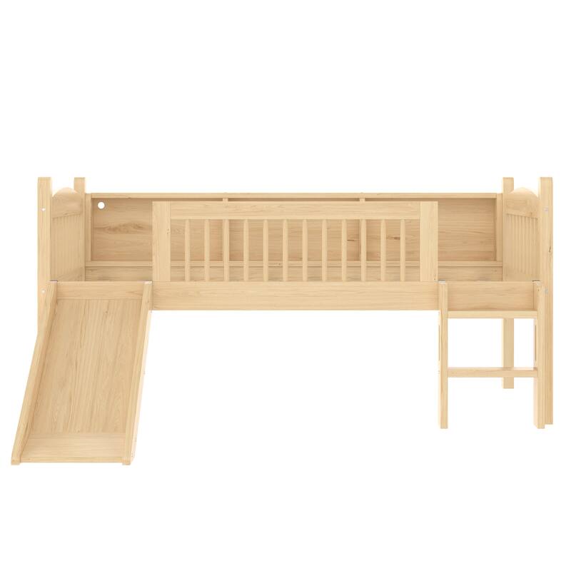 Twin Loft Bed with Storage Shelves, Solid Wood Lower Loft Bed with LED Lights and Full-length Guardrails