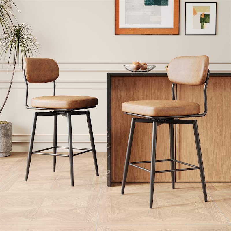 360 ° Rotating Bar Chair Bar Stool Set of 2 Piece Set with Leather Cushions and Iron Brackets. - Brown