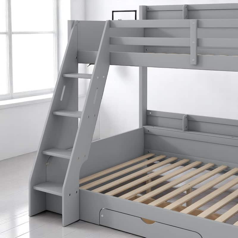 Modern Twin Over Full Bunk Bed with Storage, LED Lighting, USB & Plug Outlets, Drawer, and Guardrails