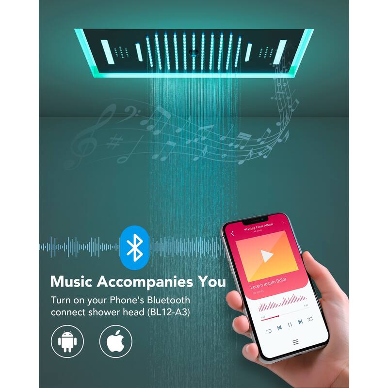 Dual Shower Heads System with 3 Spray Modes 22"*15" Ceiling and 6" Wall Mount Body Jets Handheld Spray LED Music