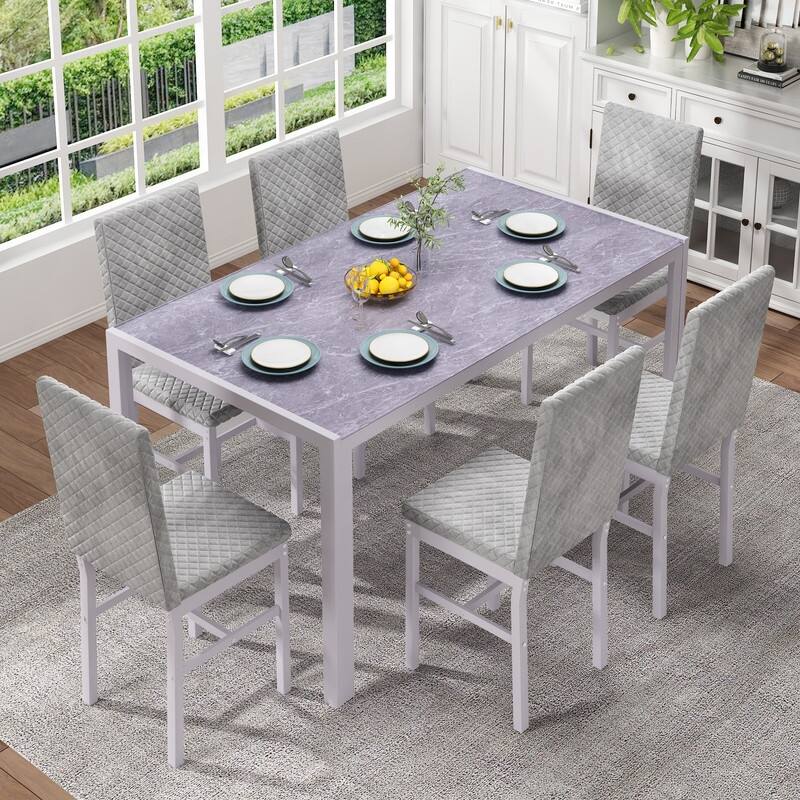 Grondin 7-Piece Dining Room Table Set, Modern Contemporary Style Dinning Table Set with Tempered Glass Top and Upholstery Chairs - Marble Grey & Grey Velvet