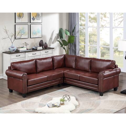 Mid-Century Sectional Corner Sofa L-shape Couch with Scroll Arms & Rivet Ornament for Large Space Dorm Apartment