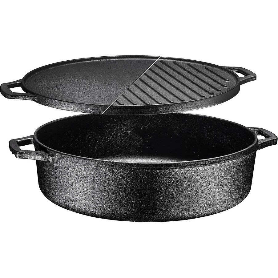 3-In-1 Pre-Seasoned Cast Iron Round Deep Roasting Pan With Reversible Grill  Griddle Lid - Roasting pan 6.8 Quart