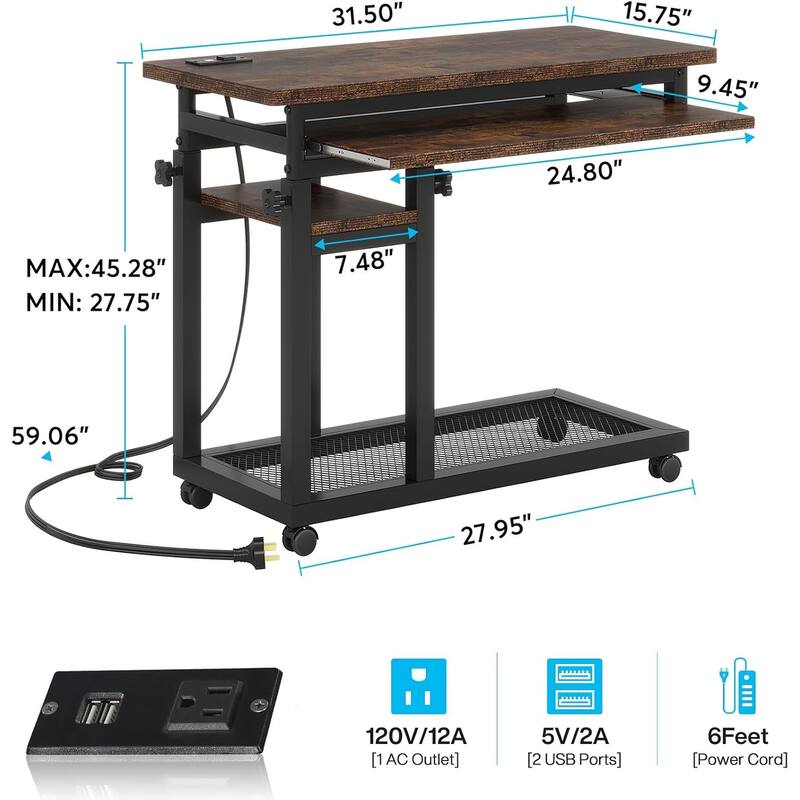 28"-39.3" Height Adjustable Portable Desk with Power Outlet & USB Ports - Brown