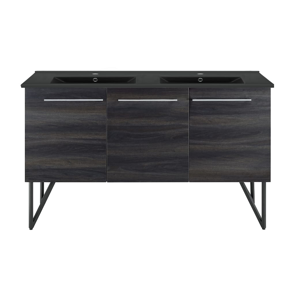Annecy 60 In. Black Walnut, Double Basin Bathroom Vanity With Black ArtificialStone Sink Top