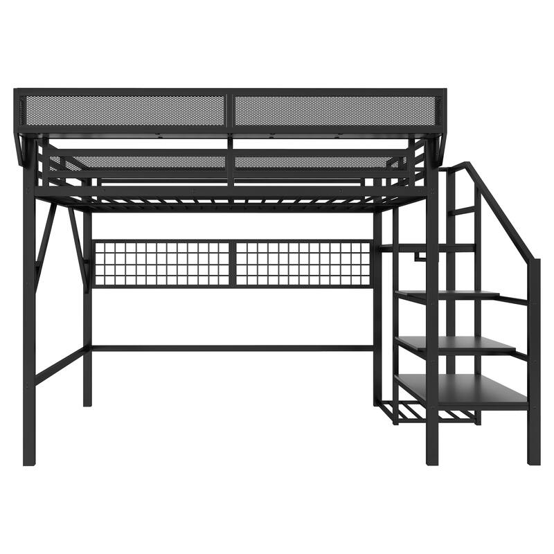 Queen/Full Loft Bed with Stairs, Storage & Wardrobe, Metal High Loft Bed with Lighting