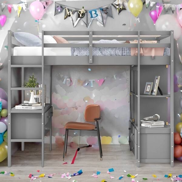 slide 2 of 18, Full Size Loft Bed with Built-in Desk with Two Drawers, and Storage Shelves and Drawers,Multifunctional Loft Bed with Storage Gray