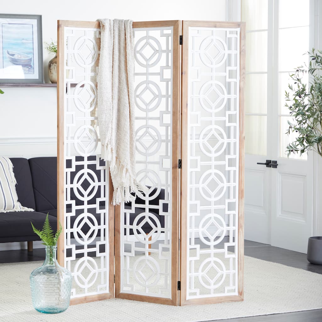 White Wood Hinged Foldable Partition 3 Panel Geometric Partition Room Divider Screen with Intricately Carved Designs